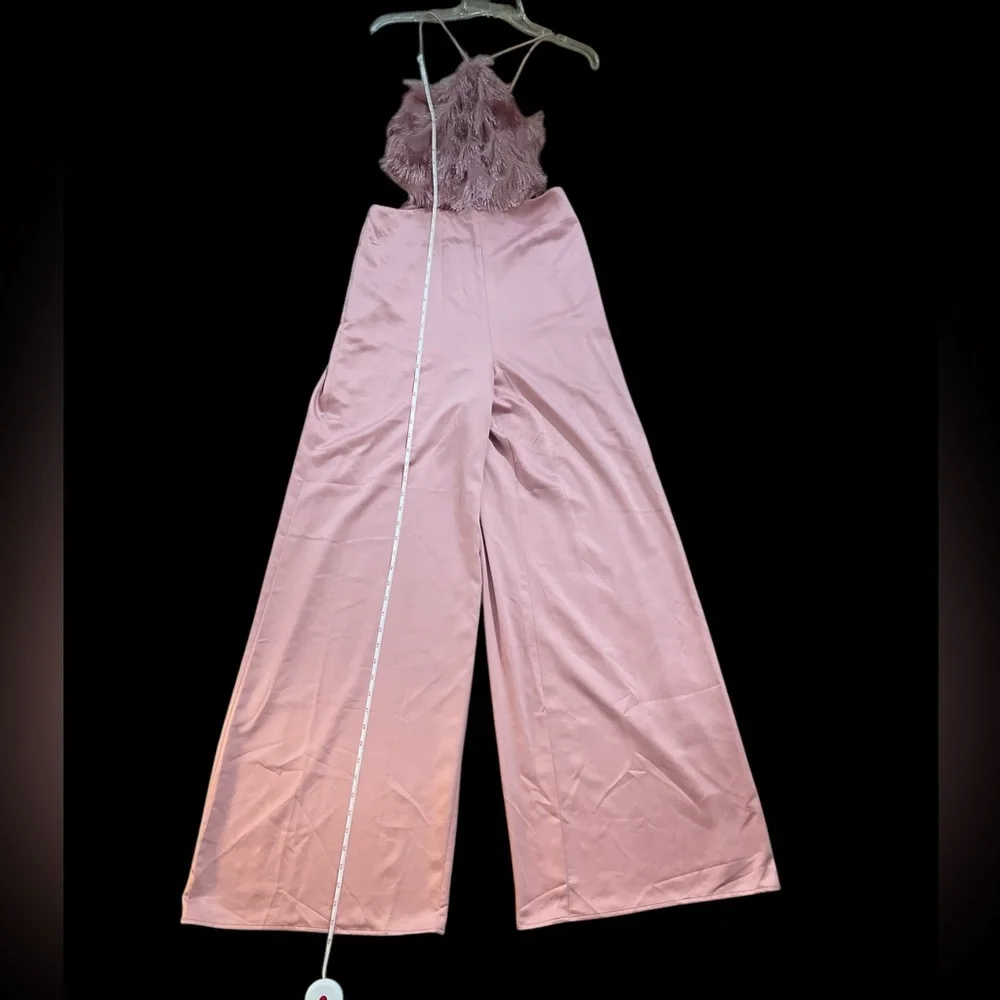 Anthropologie Hutch pink open side feathered jumpsuit, NWT 8 romper wide leg